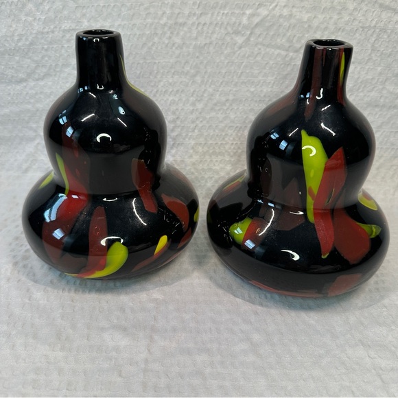 Stunning PAIR Vtg Murano Style Art Glass Vases Black Gourd Shape Red Green MCM